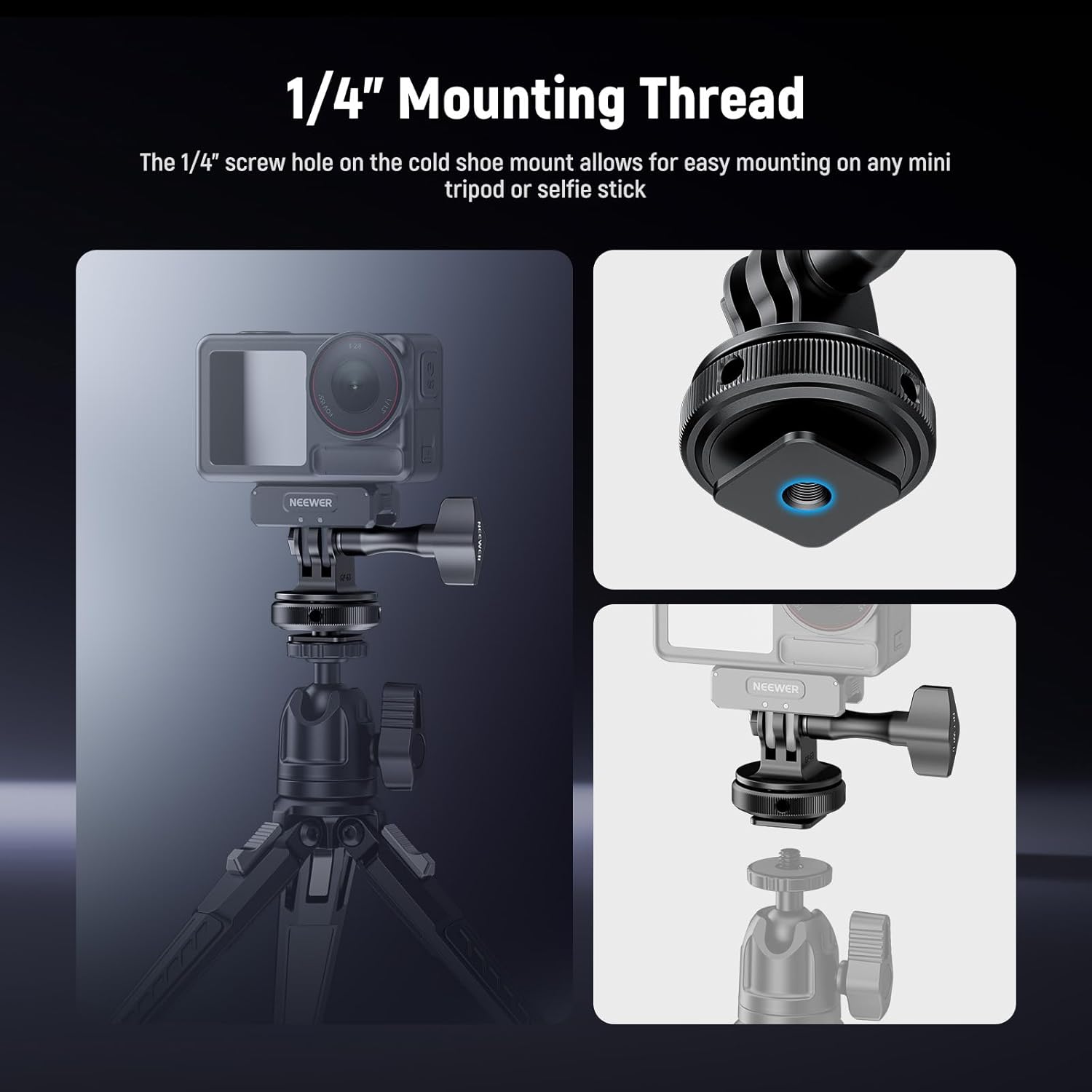 NEEWER Action Camera Cold Shoe Mount Adapter Compatible with GoPro Accessories Go Pro DJI Insta360 AKASO, Metal 1/4" Thread Hot Shoe Mount for Mini Tripod Selfie Stick, 180° Tilt, GP-63