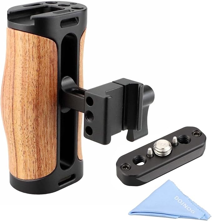 Wooden NATO Side Handle Mini Grip & NATO Rail 50mm for DSLR/Volg Camera Cage, Built-in Cold Shoe Mount, 1/4" & 3/8" ARRI Thread Hole, Up and Down Adjustable, for Left or Right Handle