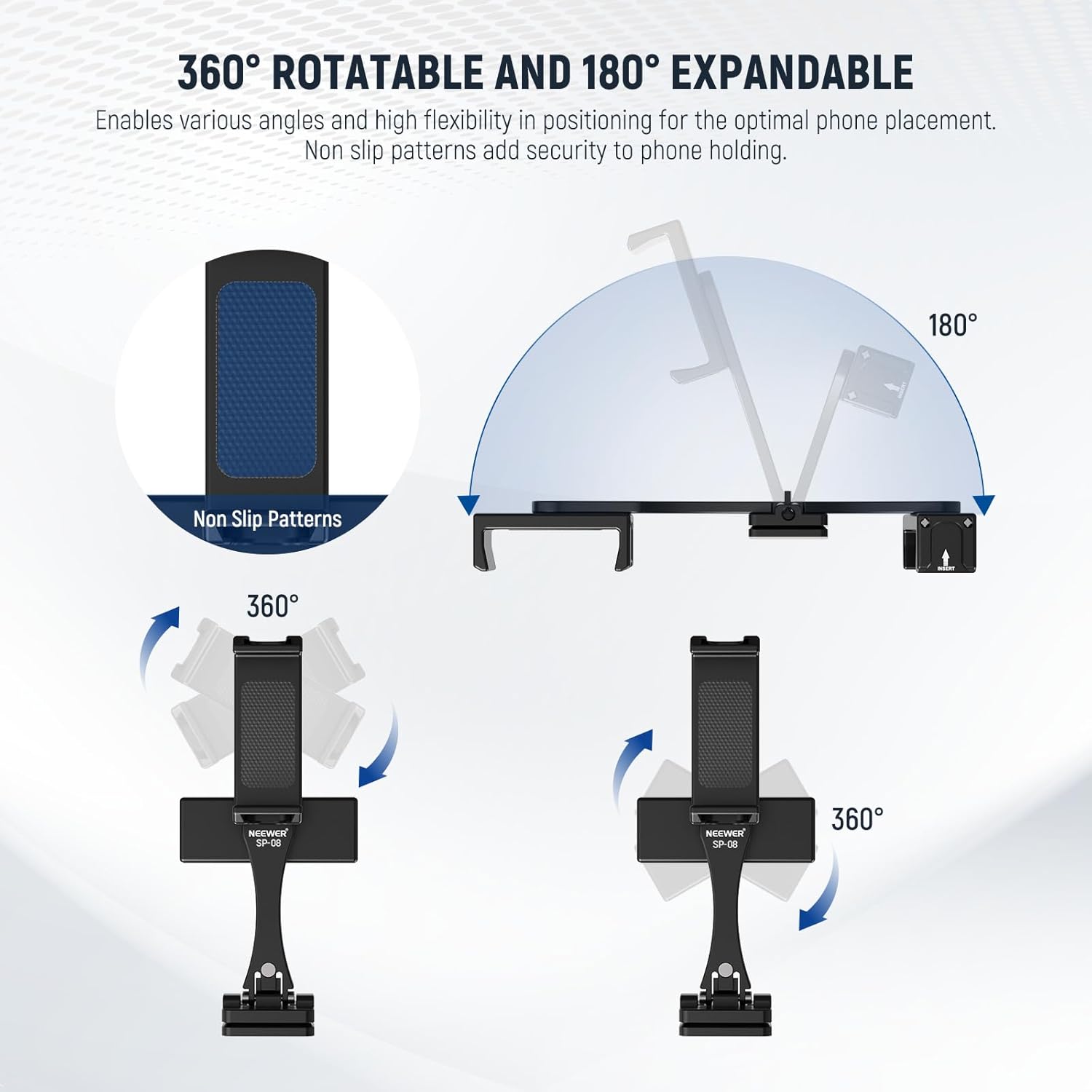 NEEWER Metal Phone Tripod Mount Adapter with Arca QR Base, 360° Rotatable Dual Cell Phone Clip Clamp Holder with 4 Cold Shoes Compatible with iPhone Samsung for Vlog Live Stream Video Recording, SP-08