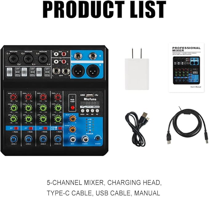 Mini audio DJ mixer Sound Board Console System,5 Channel 48V Phantom Power with Bluetooth USB MP3 Stereo live DJ Studio Streaming for professional recording party KTV stage
