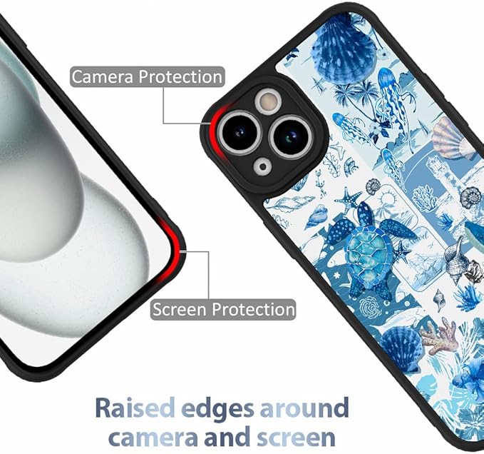 AIGOMARA Case for iPhone 15 Plus [Compatible with MagSafe] Blue Turtle Shell Ocean Collage Pattern Design for Women Girls Men Soft TPU Bumper Hack PC Back Shockproof Protective Slim Magnetic Cover