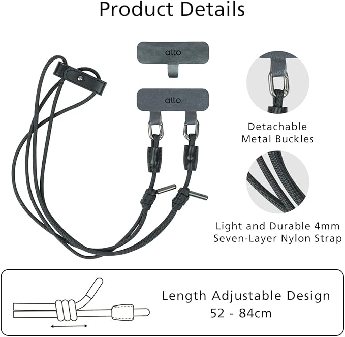 alto Crossbody Phone Lanyard: detachable patch, nylon strap with Italian leather pad, for iPhone and android full body phone cases (Raven Black)