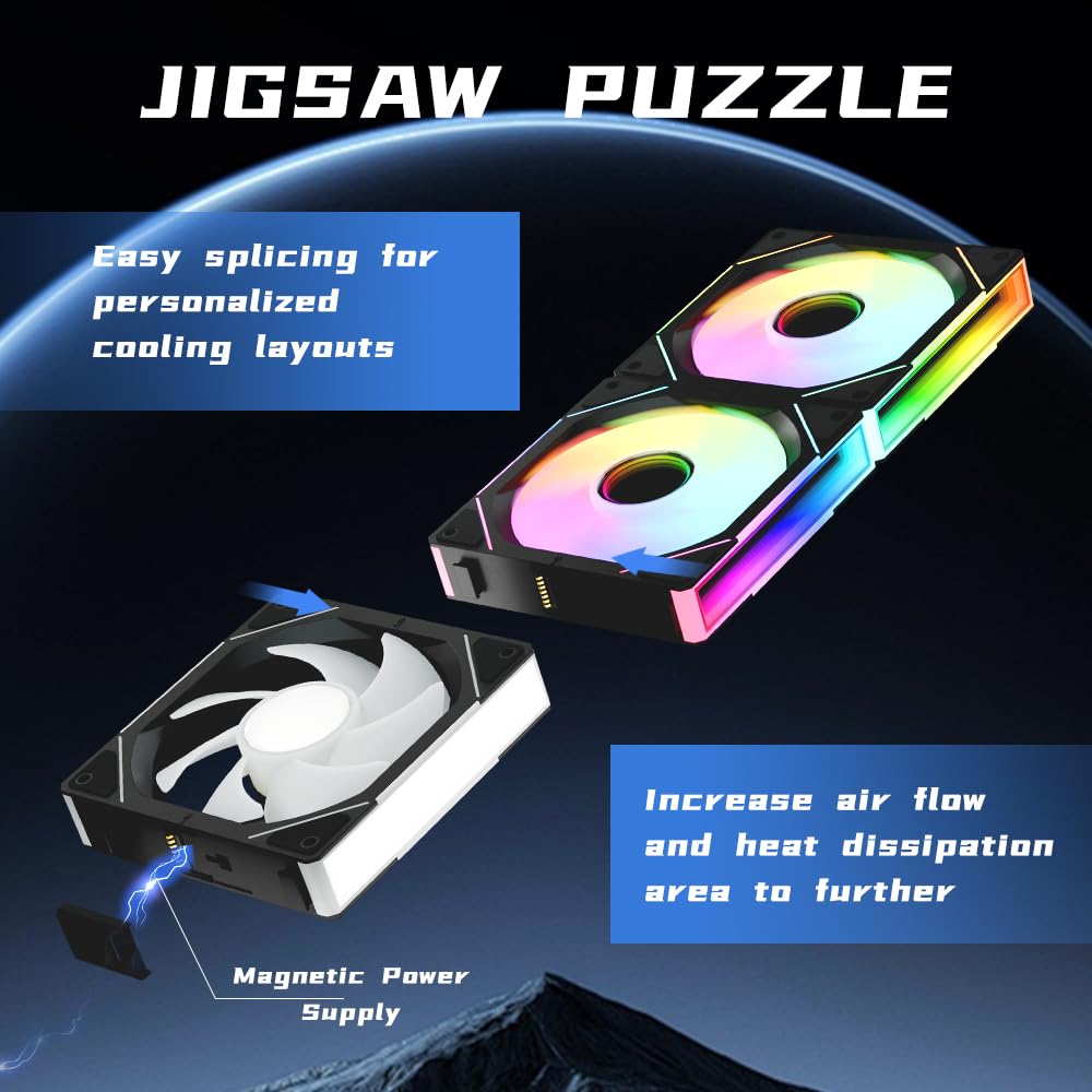 Jungle Leopard Interstellar V1 120mm PC Reverse Blade Case Fan, Infinity Mirror Module Daisy-Chain 5V ARGB PWM PC Fan Triple Pack Suitable for Computer Case & CPU Cooling(Black-3 Pack)