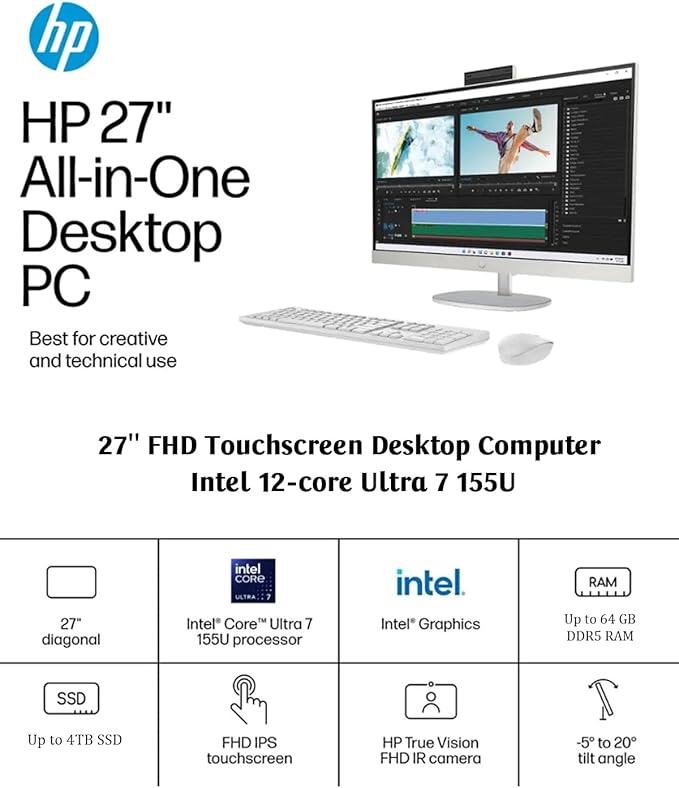 HP All-in-One Desktop - 27'' FHD Touchscreen Computer, Windows 11 Pro, Intel 12-core Ultra 7 155U(Beats i7-1355U), Wi-Fi 6, Bluetooth, Adjustable Height, Anti-Glare (64GB RAM | 4TB SSD)