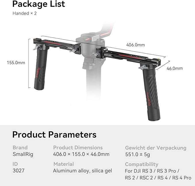 SMALLRIG Dual Handle Handgrip for DJI RS 4 /RS 4 Pro/RS 3 / RS 3 Pro/RS 2 / RSC 2 Gimbal, Gimbal Handle Grip with NATO Rails, Cold Shoe, 1/4"-20 & 3/8"-16 Threaded Holes