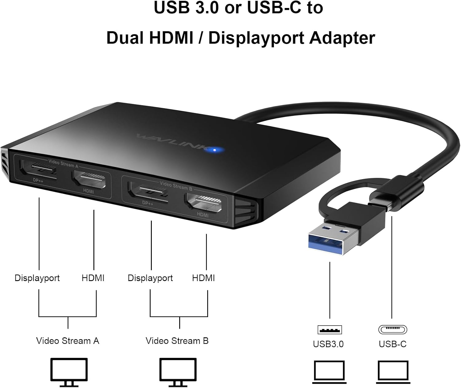 WAVLINK USB C and USB 3.0 to Dual 4K DisplayPort/HDMI Adapter, Displaylink Monitor Splitter Extended Display for Dual Monitor 4K@60Hz, HDMI/DP Splitter Compatible with Mac M1-M4,Window Laptop-Black