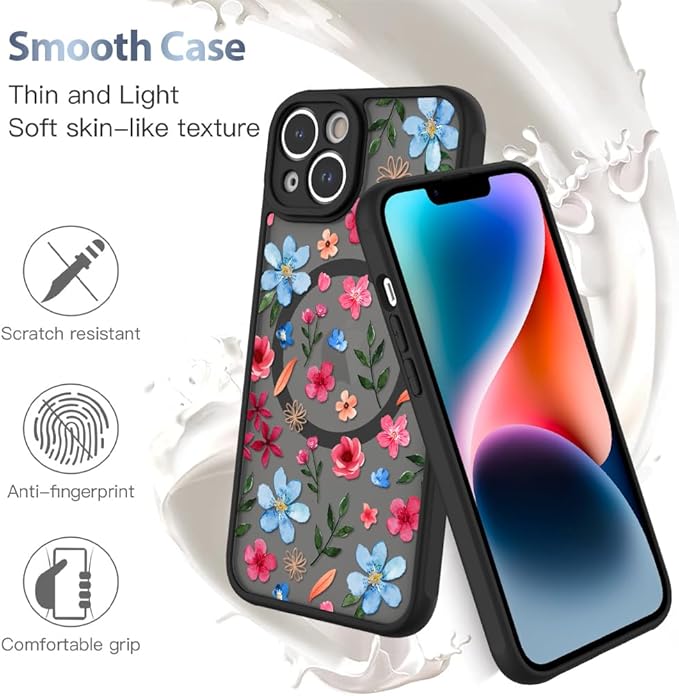 AIGOMARA Magnetic Case for iPhone 14 Plus [Compatible with MagSafe] Cute Pink Blue Flower Floral Pattern Soft TPU Bumper Hard PC Back Anti-Fall Shockproof Protective Slim Cover for Women Girls