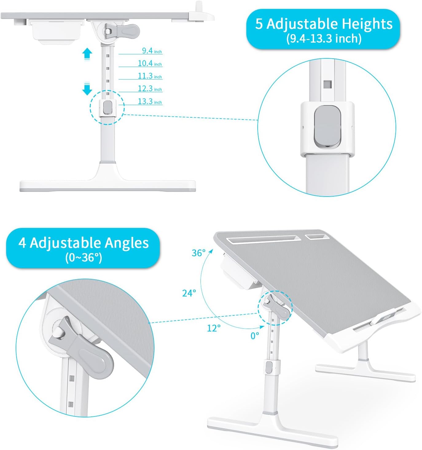 KLEAR Foldable Laptop Bed Tray Desk with Extral Drawstring Bag, Adjustable Bed Table with Heights and Angles, Lap Desk for Eating, Working, Writing, Gaming, Drawing with 2 Drawers(Grey)
