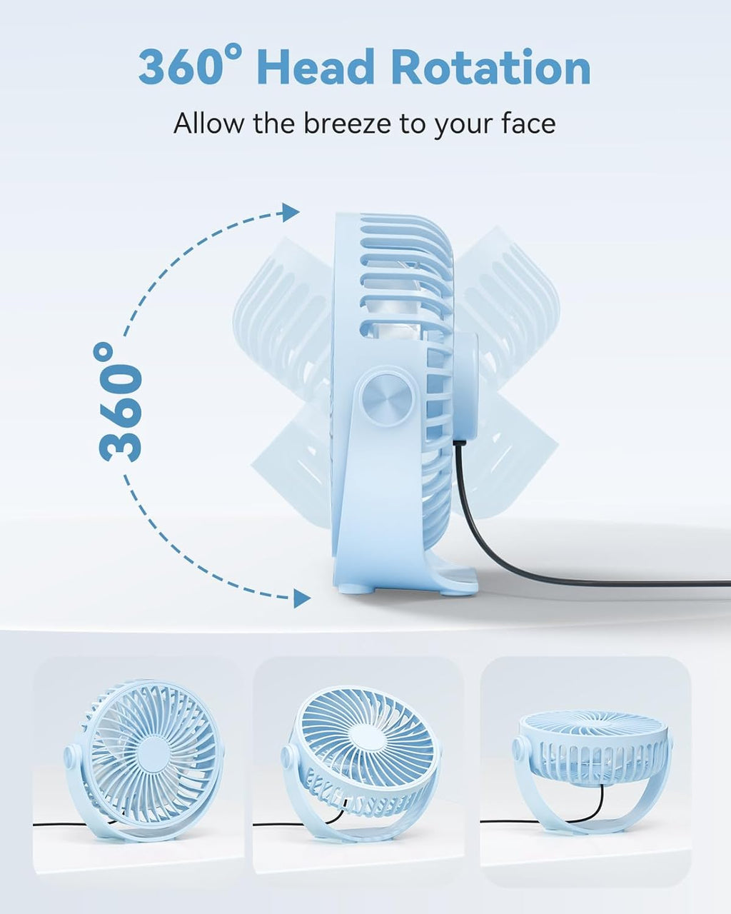 USB Desk Fan, 5 Inch Mini Portable, 3 Speeds Strong Airflow Personal Desktop, Detachable Cooling Fan 360° Rotation Quiet Small Fan for Desk Home Office Travel Car, Blue, 5ft Cable
