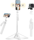 71" Selfie Stick Tripod with Wireless Remote & 2 Fill Lights, Tall Phone Tripod Stand with Quad-Leg Base, Aluminum Alloy White Stick for iPhone, Android, GoPro, Vlogging & Video