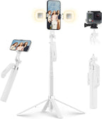 71" Selfie Stick Tripod with Wireless Remote & 2 Fill Lights, Tall Phone Tripod Stand with Quad-Leg Base, Aluminum Alloy White Stick for iPhone, Android, GoPro, Vlogging & Video