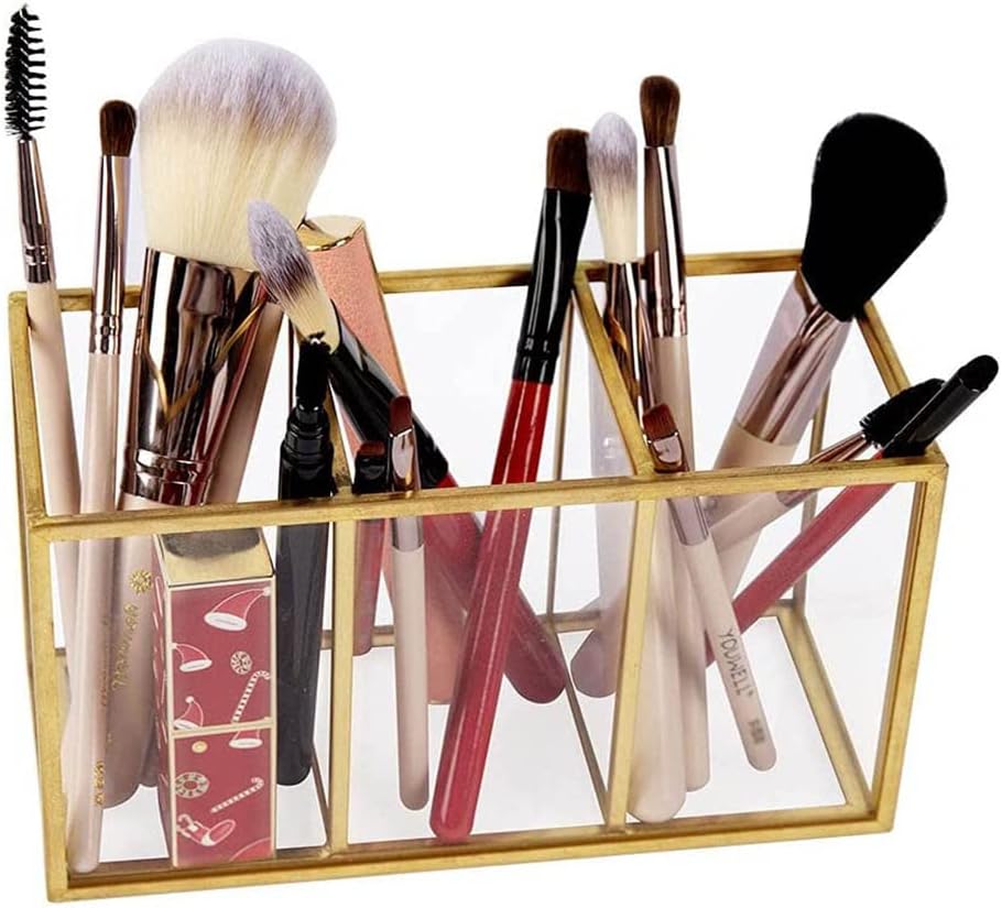 NIUBEE Acrylic Pen Holder 3 Compartments, Gold Pencil Organizer Cup for Countertop Desk Accessory Storage