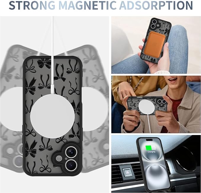 AIGOMARA Case for iPhone 16 Plus [Compatible with MagSafe] Black Ribbon Bow Pattern Design Soft TPU Bumper Hard PC Back Anti-Fall Shockproof Protective Slim Magnetic Cover for Women Girls
