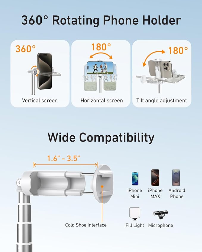 TELESIN 70" Phone Tripod Stand, Gravity-Activated Auto-Open Selfie Stick, Extendable Cell Phone Stand with Magnetic Bluetooth Remote, 360° Adjustable Travel Phone Tripod for iPhone/Android