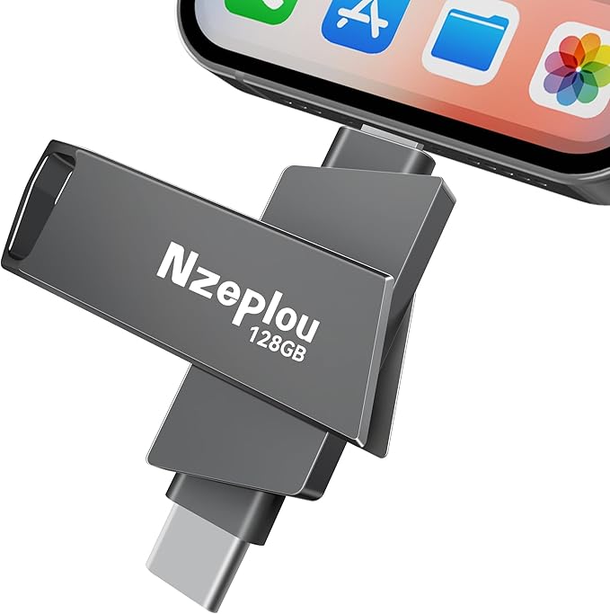 128GB Flash Drive for iPhone iPad, USB3.0 High-Speed Memory Stick No App Needed, Lightening & USB-C External Memory Storage for Photos Videos, Picture Backup Thumb Drive Plug & Play (Space Gray)