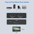 8K HDMI Switch 2 in 1 Out, 8K HDMI Splitter 4K 120Hz 1 in 2 Out for Dual Monitor PC Adapter Hub Bi-Directional Switcher