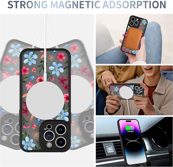 AIGOMARA Magnetic Case for iPhone 14 Pro [Compatible with MagSafe] Cute Pink Blue Flower Floral Pattern Soft TPU Bumper Hard PC Back Anti-Fall Shockproof Protective Slim Cover for Women Girls