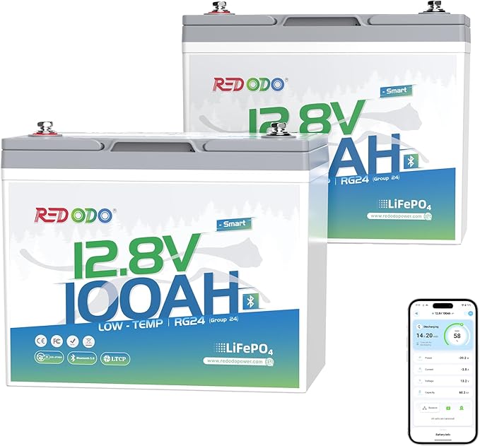 Redodo 12V 100Ah LiFePO4 Battery Bluetooth, Low-Temp Protection BCI Group 24 Lithium Battery for Trolling Motor, Bulit-in 100A Smart BMS, Perfect for Marine, Boat, RV, Solar and Off Grid - 2 Pack