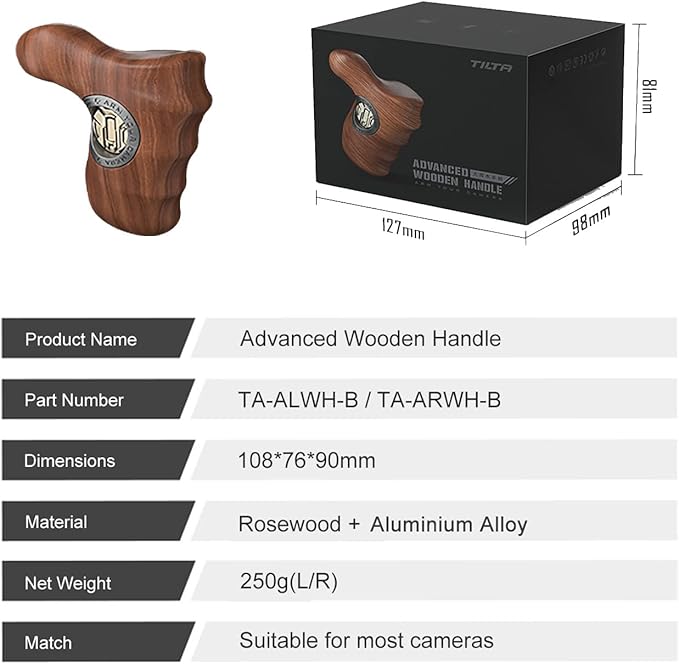 Tilta Advanced Left Side Wooden Handle (ARRI Rosette - Type X) | Black Walnut Wood & Aluminum Alloy Build | Quick Release Button