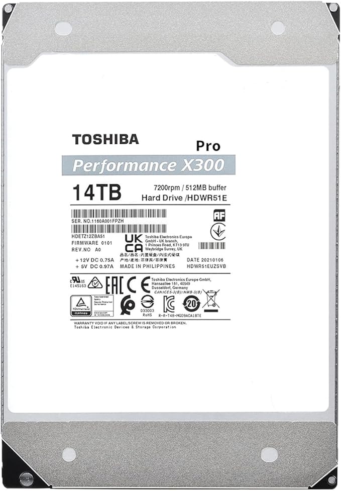 Toshiba X300 PRO 14TB High Workload Performance for Creative Professionals 3.5-Inch Internal Hard Drive – Up to 300 TB/Year Workload Rate CMR SATA 6 GB/s 7200 RPM 512 MB Cache - HDWR51EXZSTB