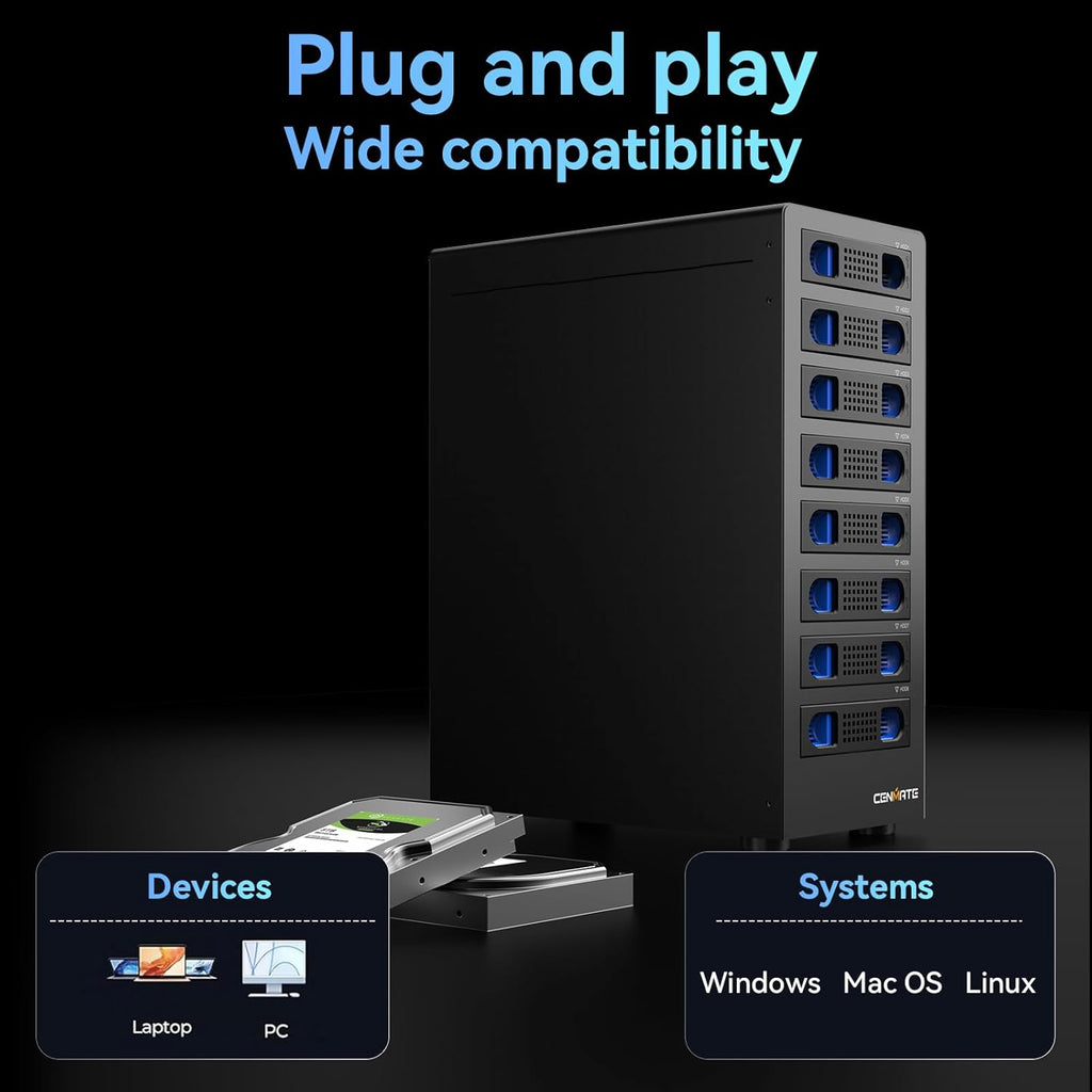 8 Bay Hard Drive RAID Enclosure with Cooling Fan for 2.5/3.5" SATA HDD/SSD with USB A/C 3.0＋eSATA Cable, 3.5 Hard Drive Enclosure Supports 160TB Capacity, 8 RAID Modes, DAS(NO NAS)