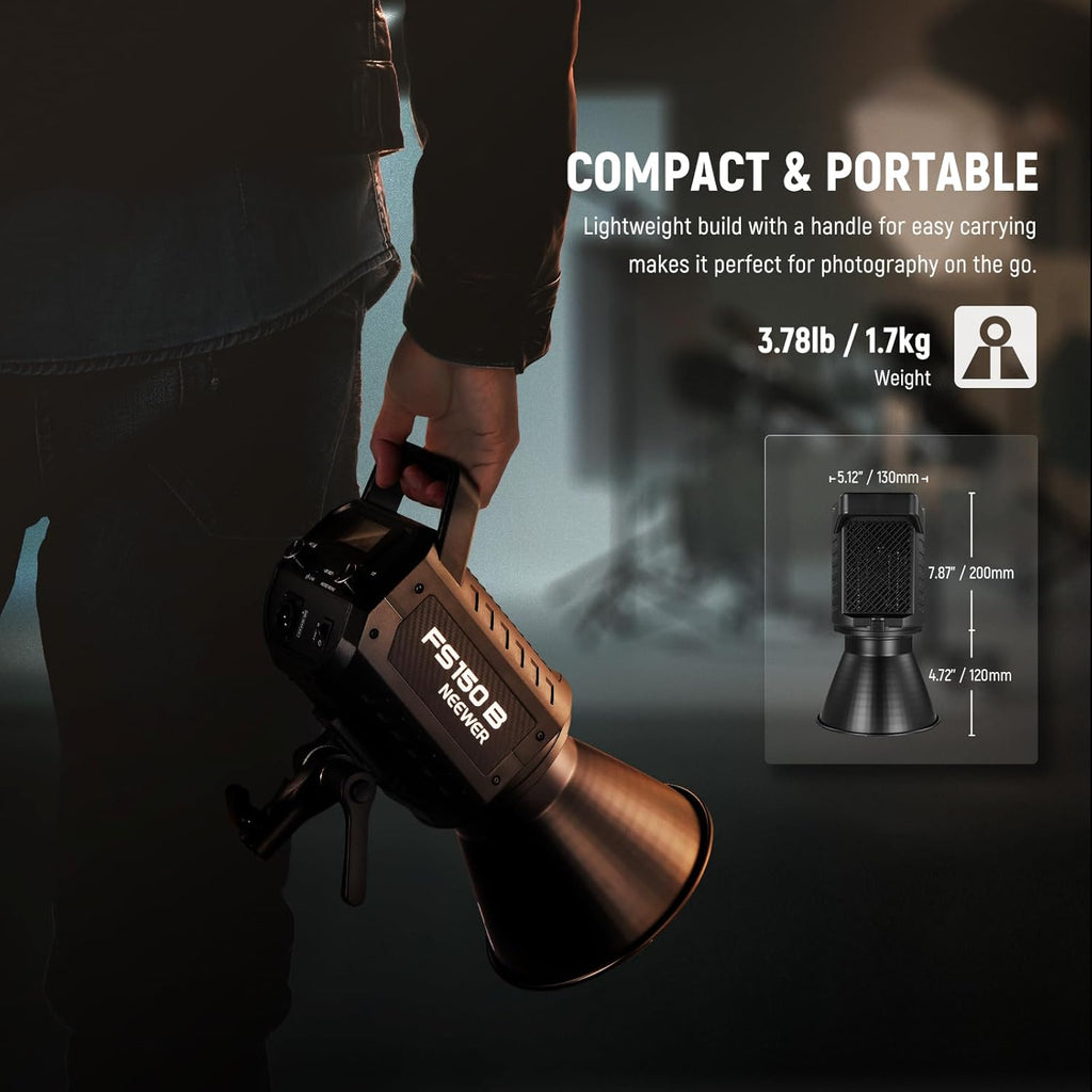 NEEWER FS150B LED Video Light 2.4G/APP Control,130W Bi Color COB Silent Photography Continuous Output Lighting with 4 Types Precise Dimming, 72000lux/1m, 2700K-6500K, CRI 97+,12 Effects, Bowens Mount