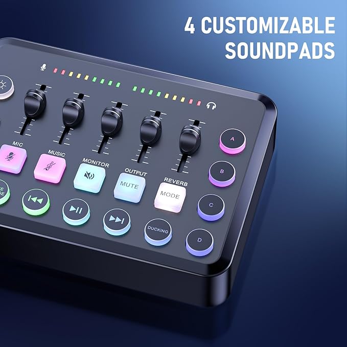 F11 Gaming Audio Mixer, Sound Board for PS5/ PC/Phone, Live Streaming Audio Interface with 3.5mm/XLR Microphone Input, Individual Control Live Sound Card, DJ Mixer Effects, Voice Changer, Denoise