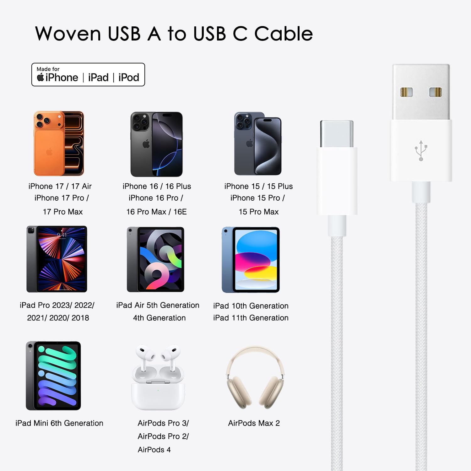 iPhone 15/16/16E/17 USB A to USB C Woven Cable for iPhone 17Air, 15 16 Pro Max, 15/16 Plus, iPad 10th Gen,iPad Pro 12.9/11,iPad Air 5th/4th Gen,Mini 6th Type-c Charger Cord,Car CarPlay Charging Cable