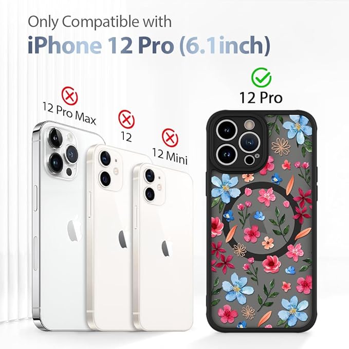 AIGOMARA Magnetic Case for iPhone 12 Pro [Compatible with MagSafe] Cute Pink Blue Flower Floral Pattern Soft TPU Bumper Hard PC Back Anti-Fall Shockproof Protective Slim Cover for Women Girls