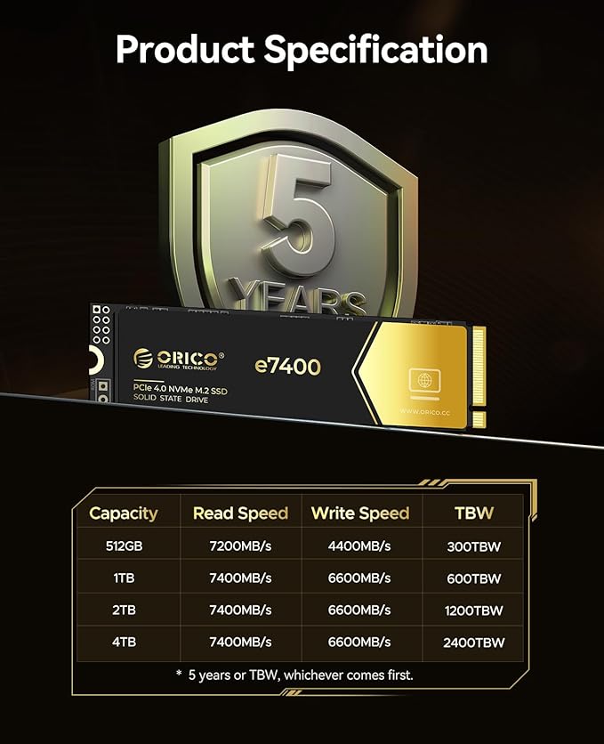 ORICO 512GB NVMe SSD PCIe 4.0- Up to 7200MB/s, M.2 2280 PCIe 4.0X4 Internal Solid State Drive, Fast Heat Dissipation, Compatible with macOS Windows for Gamers and Creators-e7400