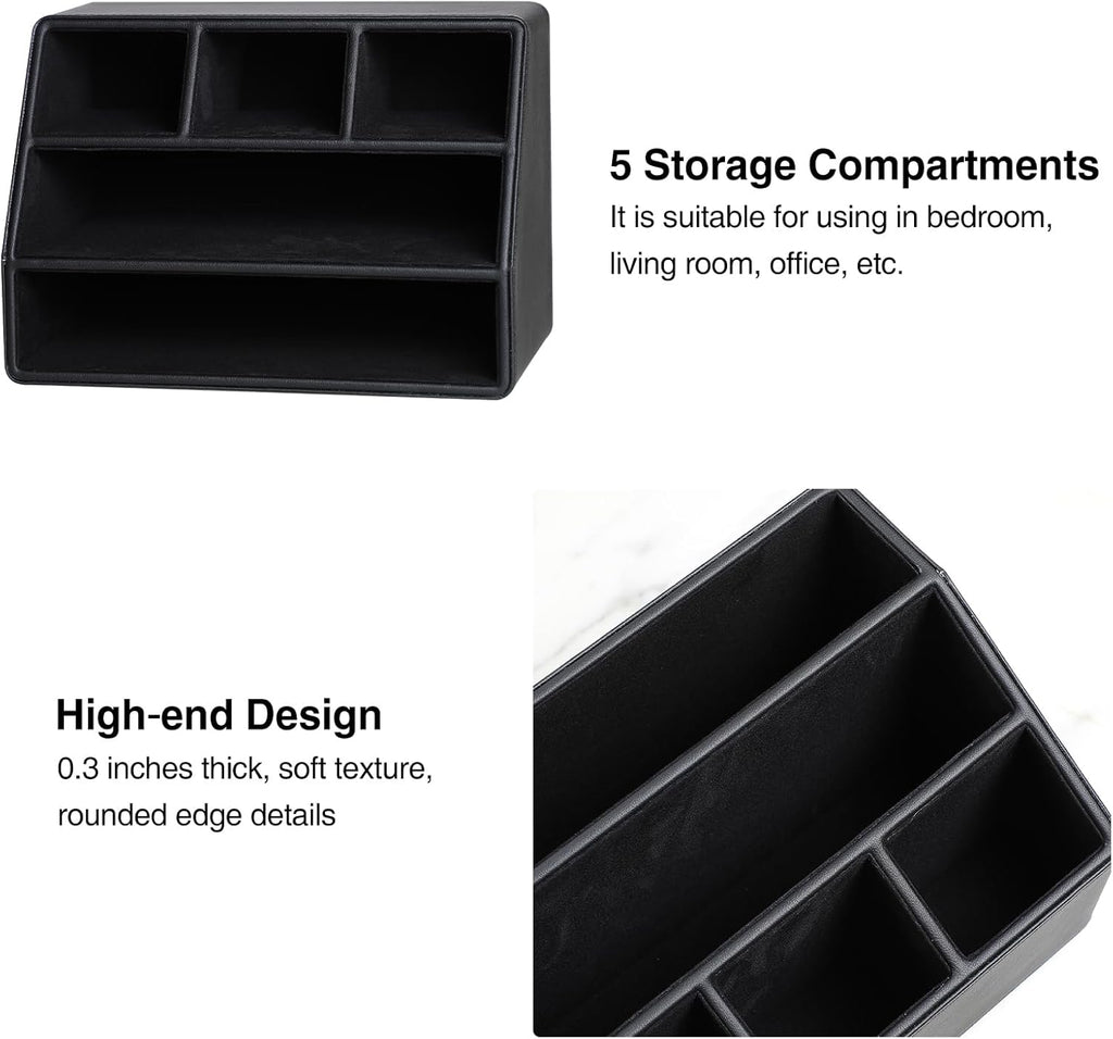 PU Leather Desk Organizer, Luxury Remote Control Holder for Home, Office Desk Accessories Table Caddy Bedside Nightstand Organizer (Black)
