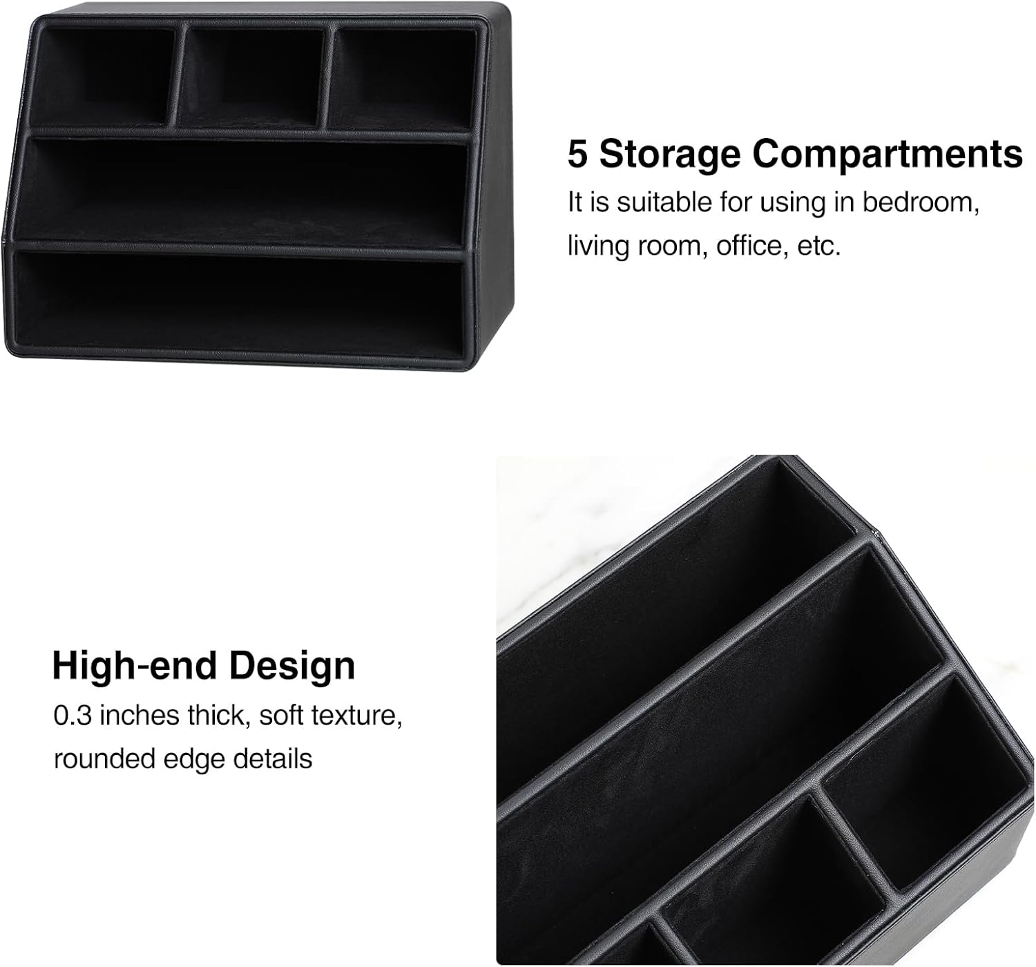 PU Leather Desk Organizer, Luxury Remote Control Holder for Home, Office Desk Accessories Table Caddy Bedside Nightstand Organizer (Black)