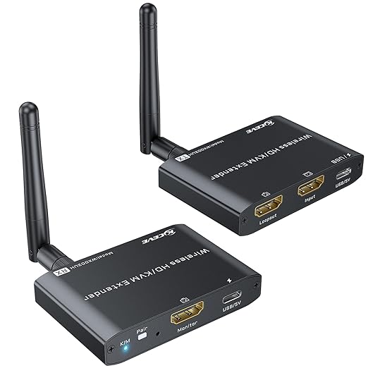 HDMI KVM Wireless Transmitter and Receiver 200M/660FT, HDMI USB KVM Extender 1 PC 2 Monitors Share Keyboard and Mouse, Loop Out, 1080P@60Hz,with 2 USB Cables