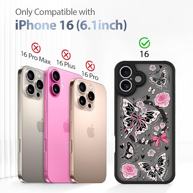 AIGOMARA Case for iPhone 16 [Compatible with MagSafe] Cute Butterfly Pink Flower Floral Pattern Soft TPU Bumper Hard PC Back Anti-Fall Shockproof Protective Slim Magnetic Cover for Women Girls