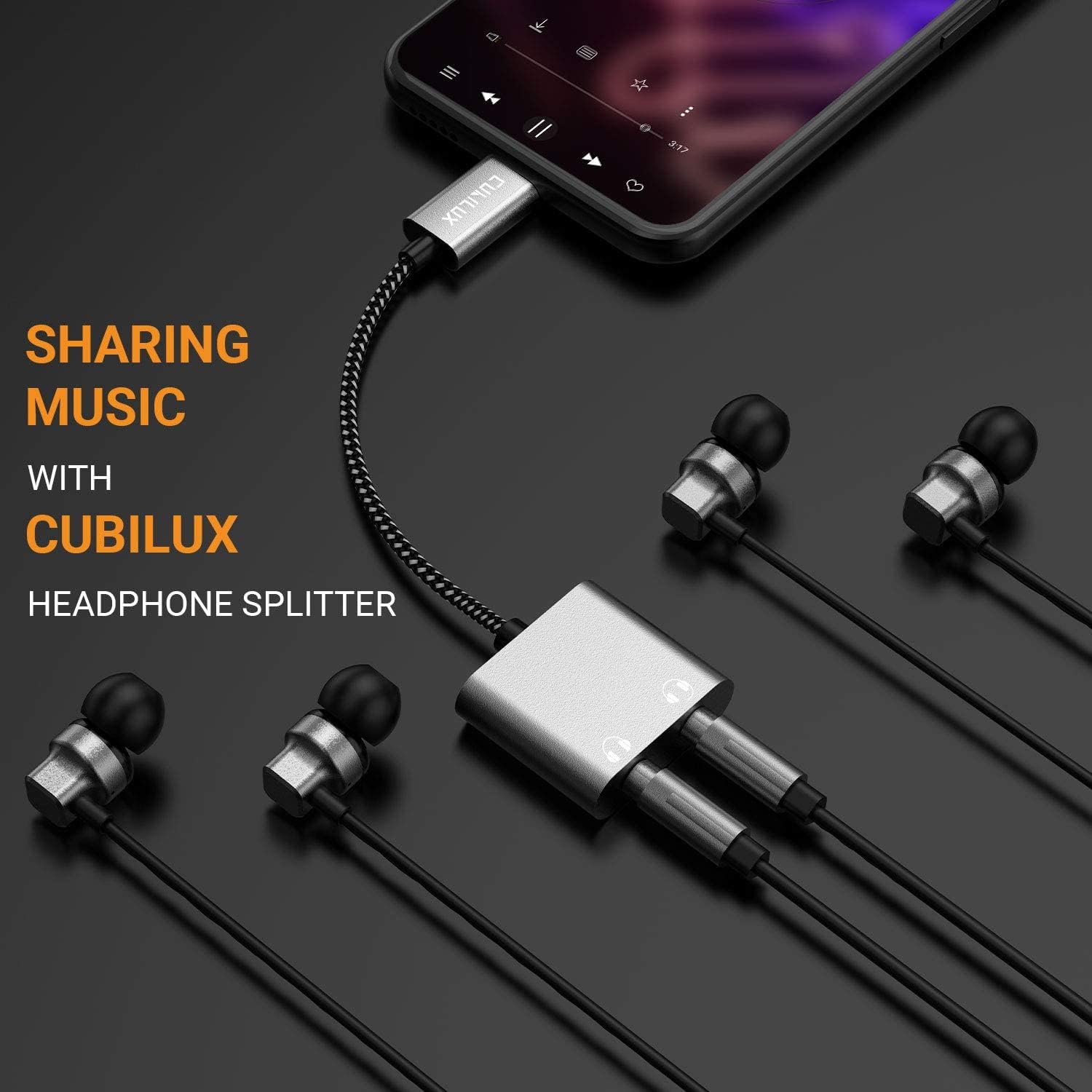 Cubilux USB C Dual Headphones Splitter, Type C to Double 3.5mm Audio Splitter, 2-Way Earphone Adapter for Android Phone, Tablet
