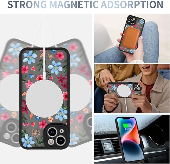 AIGOMARA Magnetic Case for iPhone 14 Plus [Compatible with MagSafe] Cute Pink Blue Flower Floral Pattern Soft TPU Bumper Hard PC Back Anti-Fall Shockproof Protective Slim Cover for Women Girls