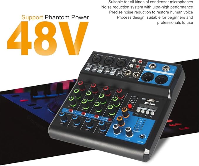 Mini audio DJ mixer Sound Board Console System,5 Channel 48V Phantom Power with Bluetooth USB MP3 Stereo live DJ Studio Streaming for professional recording party KTV stage