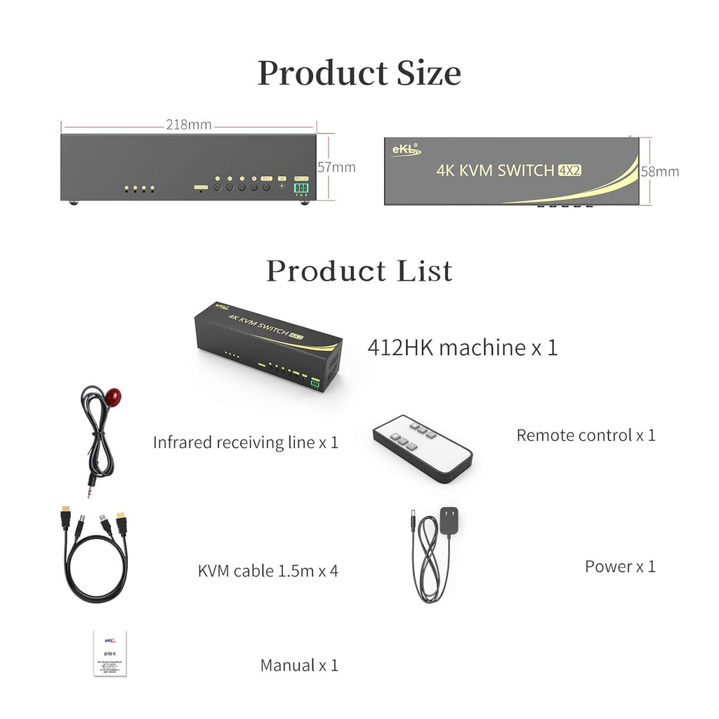 eKL HDMI KVM Switch 4 in 2 Out Dual Monitor Extended Display 4K@60Hz 4:4:4 with Audio and USB 2.0 Hub Sharing PC Monitor Keyboard Mouse Switcher