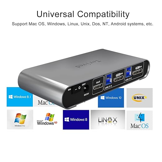 2 Port DP USB 3.0 Automatic KVM Switch Two Computers 1 DisplayPort Monitor switcher, 8K@30Hz 4K@144Hz, Aluminum hotkey Audio mic, Digital Display, HDR10 with Cables
