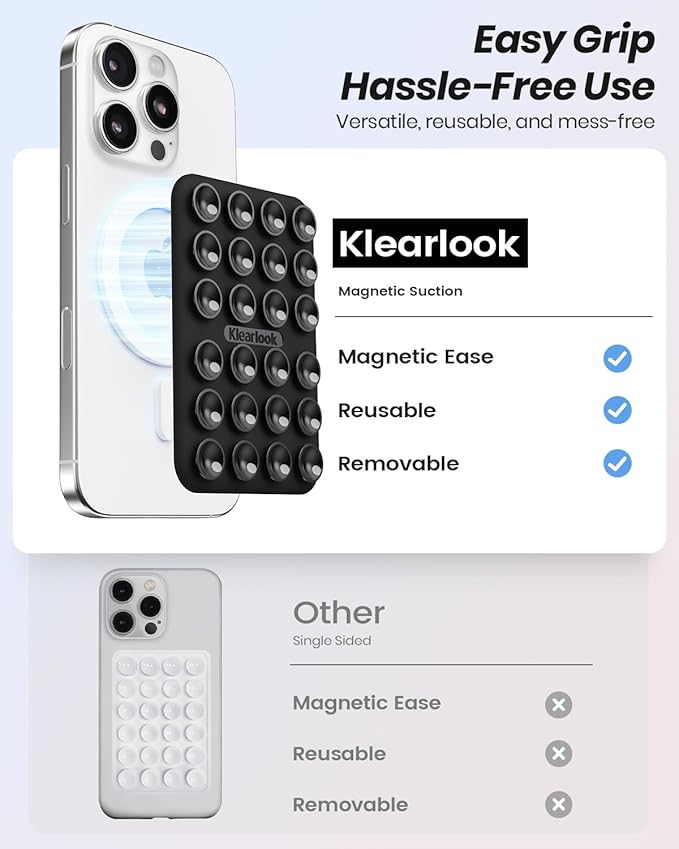 Klearlook 2Pack Magnetic Suction Phone Mount for MagSafe Case, Sticky Phone Grip Holder for iPhone, Removable Hands-Free Selfie/Video for TikTok Influencers, Women Girl Teen Gift, Transparent & Black