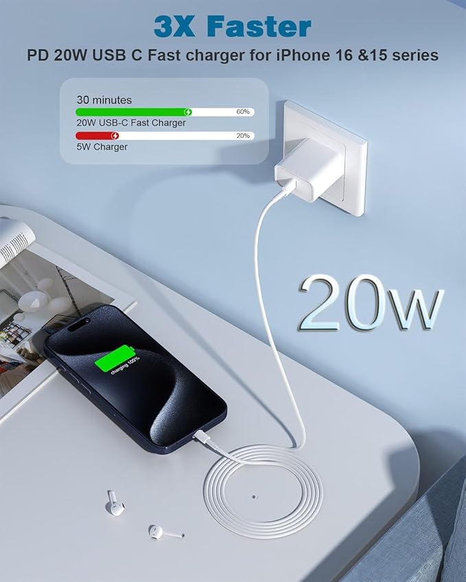 10FT Apple iPhone 16 Charger,2Pack Extra Long 10Foot Type C Cable Cord 20W USB C Charger Travel Plug Super Quick Charging for iPhone 16e/16 Pro/16 Pro Max/16 Plus/15/15 Pro/15Pro Max/iPad Mini/Air/Pro