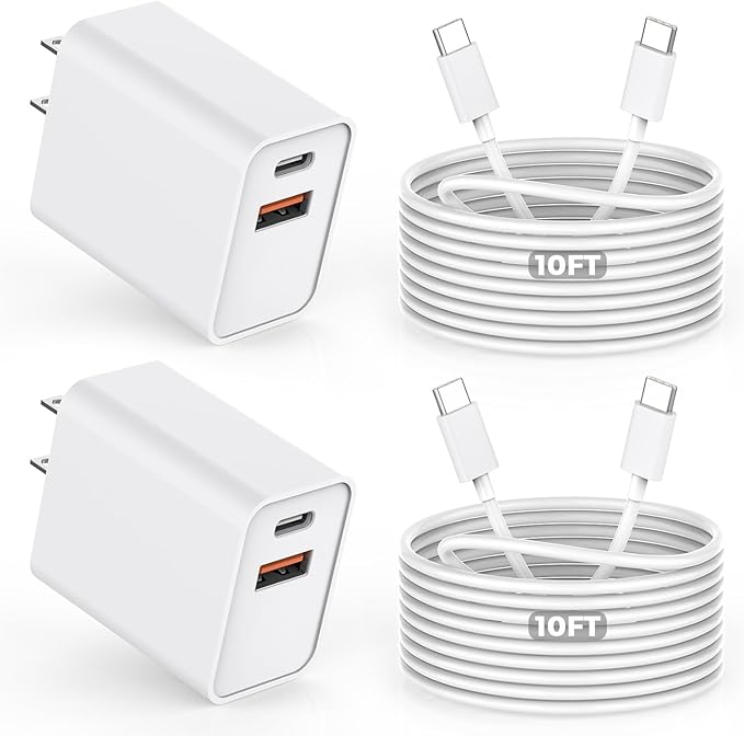 10FT iPhone 16e Fast Charger,2Pack 20W Dual Port USB C+A Power Adapter 10Foot Long USB C to C Fast Charging Cable Cord Quick Charging for iPhone 16e/16/16 Pro/15/15 Pro/Pro Max/Plus,iPad Pro/Air/Mini
