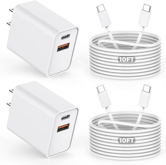 10FT iPhone 16e Fast Charger,2Pack 20W Dual Port USB C+A Power Adapter 10Foot Long USB C to C Fast Charging Cable Cord Quick Charging for iPhone 16e/16/16 Pro/15/15 Pro/Pro Max/Plus,iPad Pro/Air/Mini