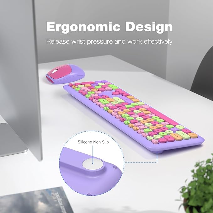 KNOWSQT Wireless Keyboard and Mouse Combo, Pale Purple Full-Sized 2.4G Silent Keycap Colorful Keyboards, USB Dongle Plug Play, for Laptop, Windows, PC, Computer, Desktop