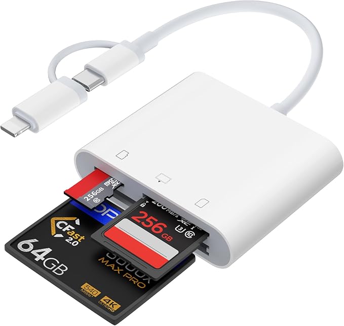 Lightning and USB C SD Card Reader for iPhone iPad Mac Android Phone Laptop, 3 in 2 Memory Card Reader Supports Compact Flash SD Micro SD CF Card, Digital Camera Adapter Plug and Play