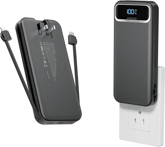 12000mAh Lightweight-Portable-Charger-Power-Bank with Built-in Cables and AC Wall Plug, PD20W USB-C Fast Charging Battery Pack, LED Display External Travel Phone Charger for All iPhone,Samsung,Android
