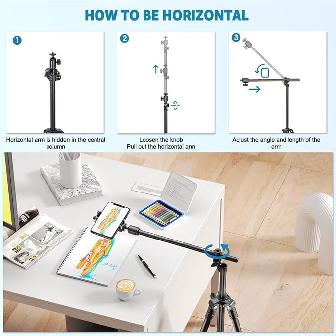 Phone Tripod, Arsoer 67" Adjustable Height Tripod with Horizontal Column and Removable Clip Mount for Overhead Shot, 360° Rotation Stand with Wireless Remote/Carry Bag for iPhone/Webcam
