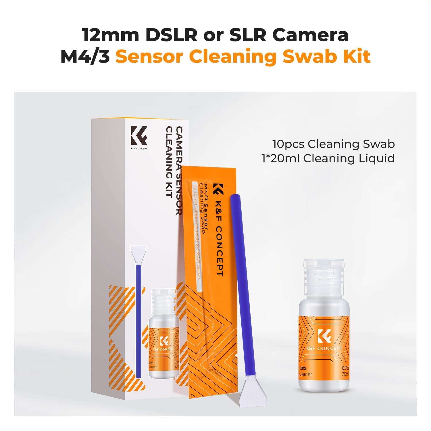K&F CONCEPT 12mm Micro Four-Thirds 4/3 Sensor Cleaning Swab*10 + 20ml Sensor Cleaner, M43 Camera Cleaning Kit for All Models of M4/3 Camera Sensors, Including M4/3 Cameras from Olympus and Panasonic
