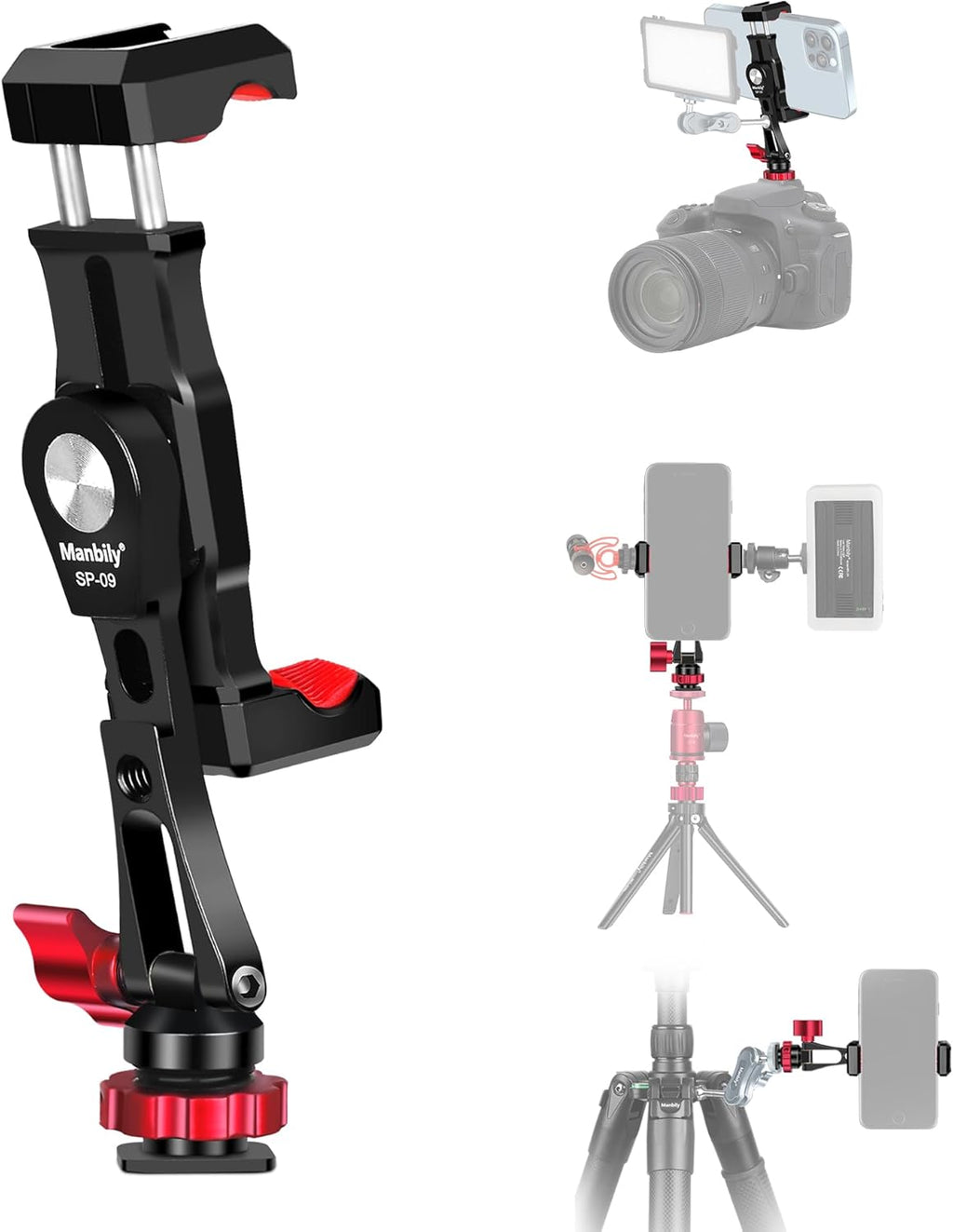 Manbily Phone Tripod Mount, Metal Smartphone Mount Adapter Camera Hot Shoe Mount, 360° Swivel 180° Flip Adjustable Phone Holder for Microphone LED Light（SP-09