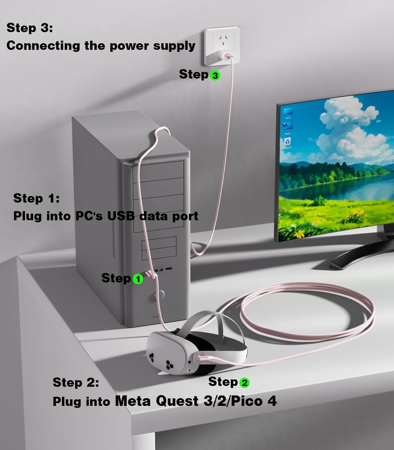 16FT VR Charging Link Cable | USB 3.0 High-Speed Data & Charge for Meta Quest 3S/3/2/Pro, Pico 4 and PC/SteamVR USB-C Charger Cord for VR Headset - Pink